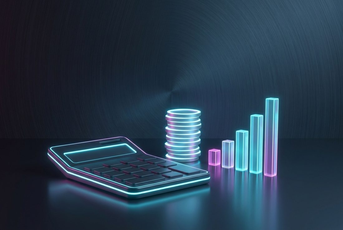 Stylized glowing coins and calculator