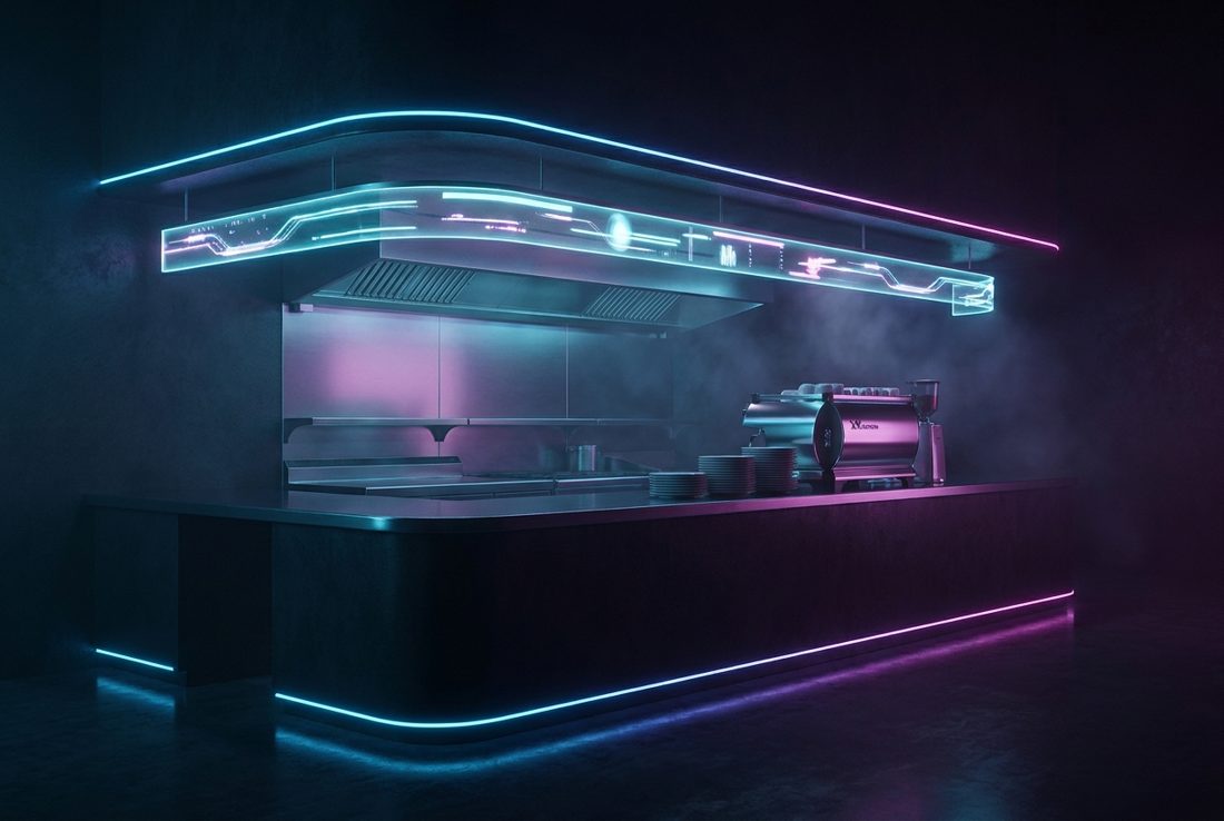 Stylized neon-lit restaurant counter