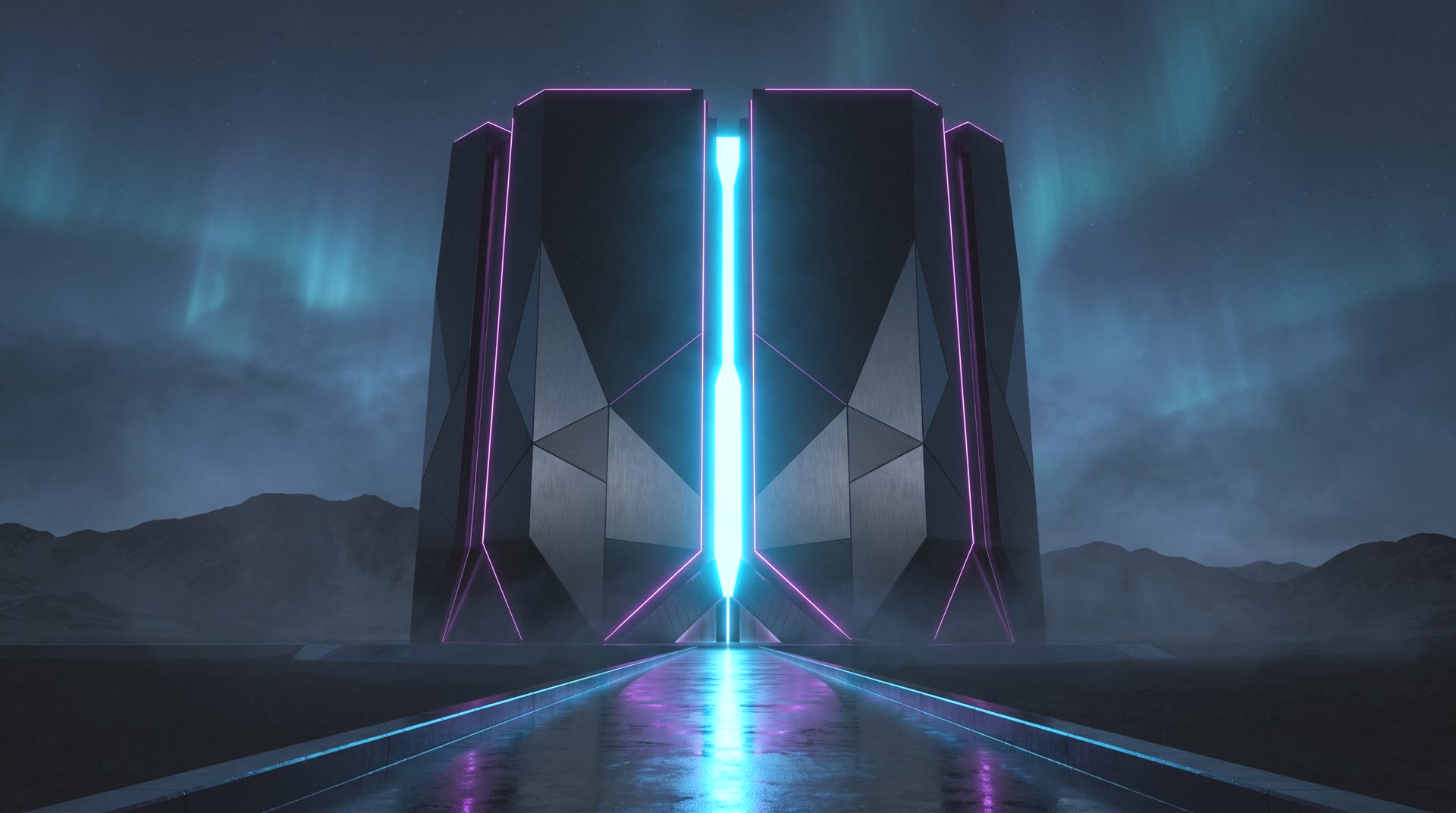 A monolithic black foundry building split by a towering seam of cyan light