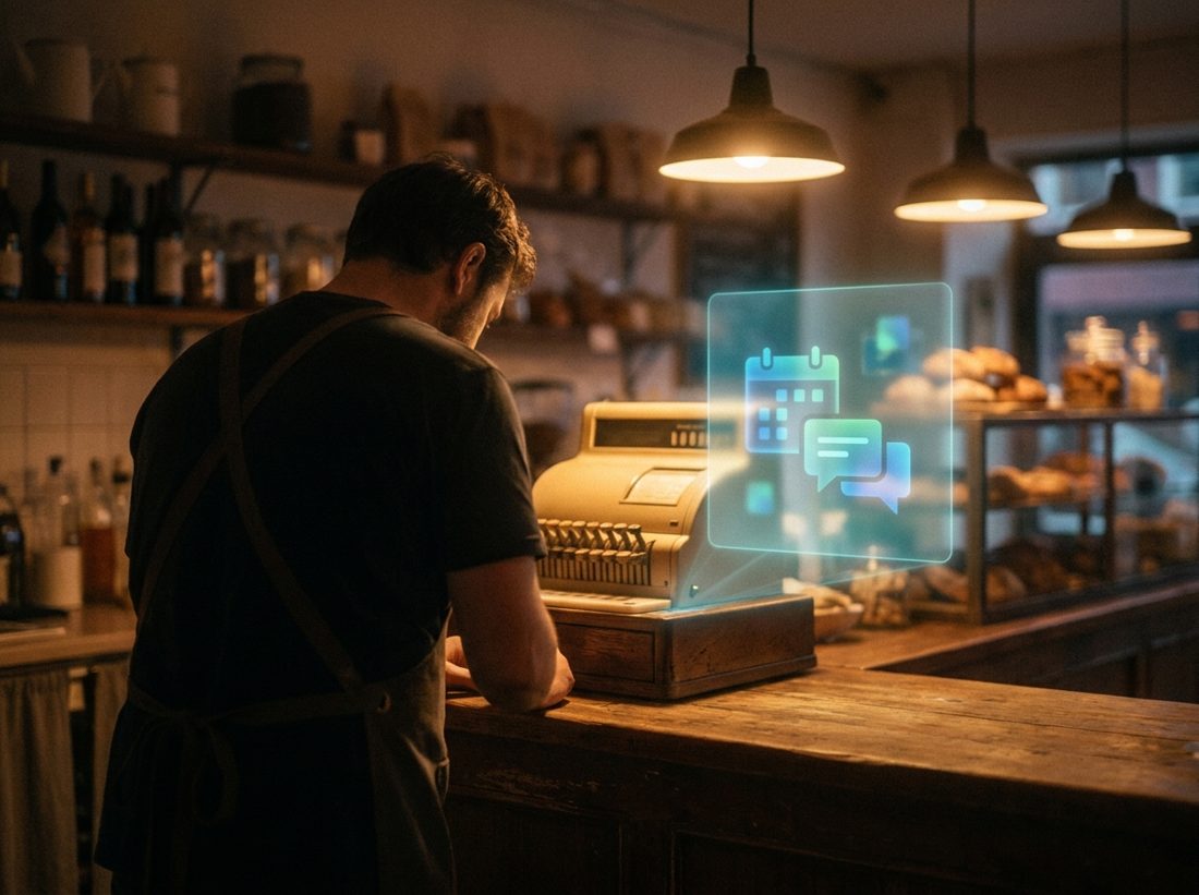 A small business owner at a warmly lit shop counter, a soft holographic assistant interface glowing beside the register