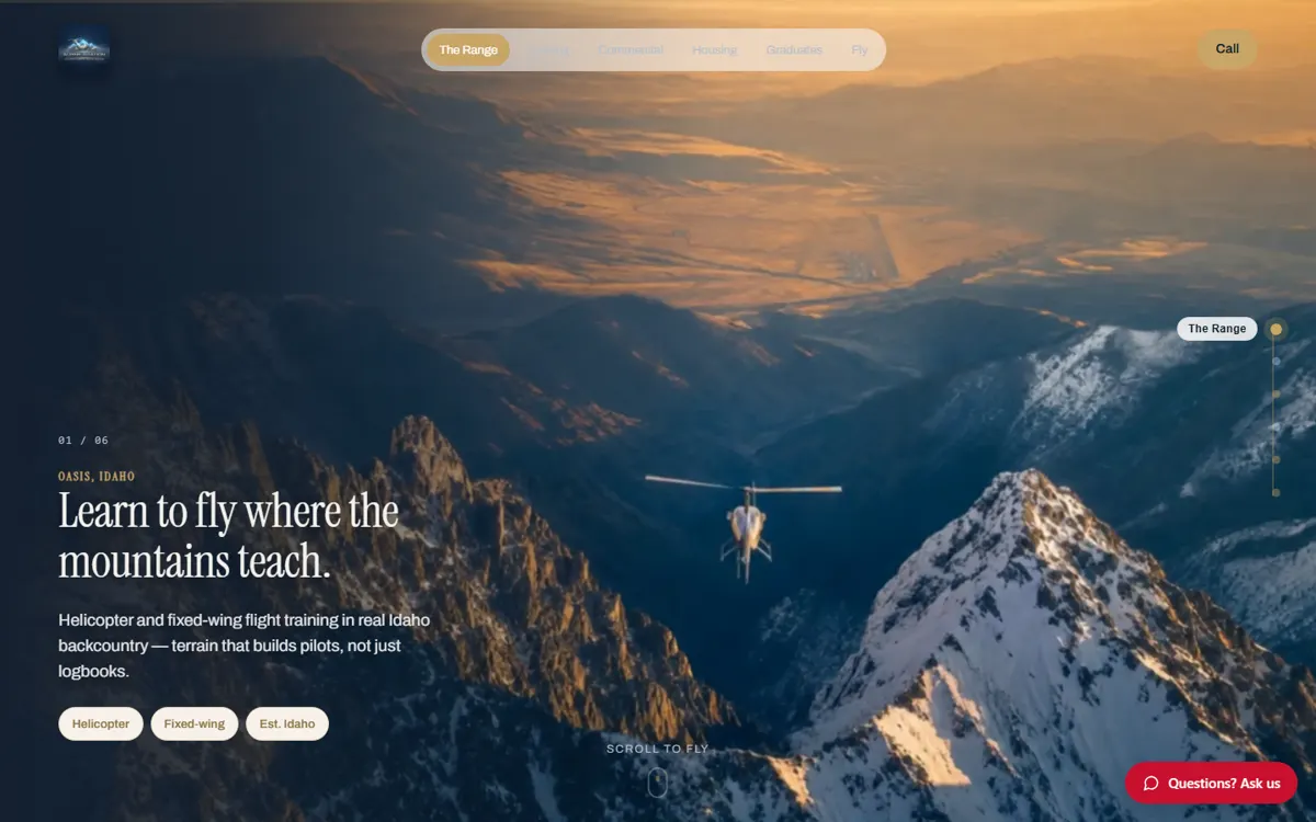 Alpine Aviation homepage: a helicopter flying over snowy mountain peaks at sunset, headline 'Learn to fly where the mountains teach.'