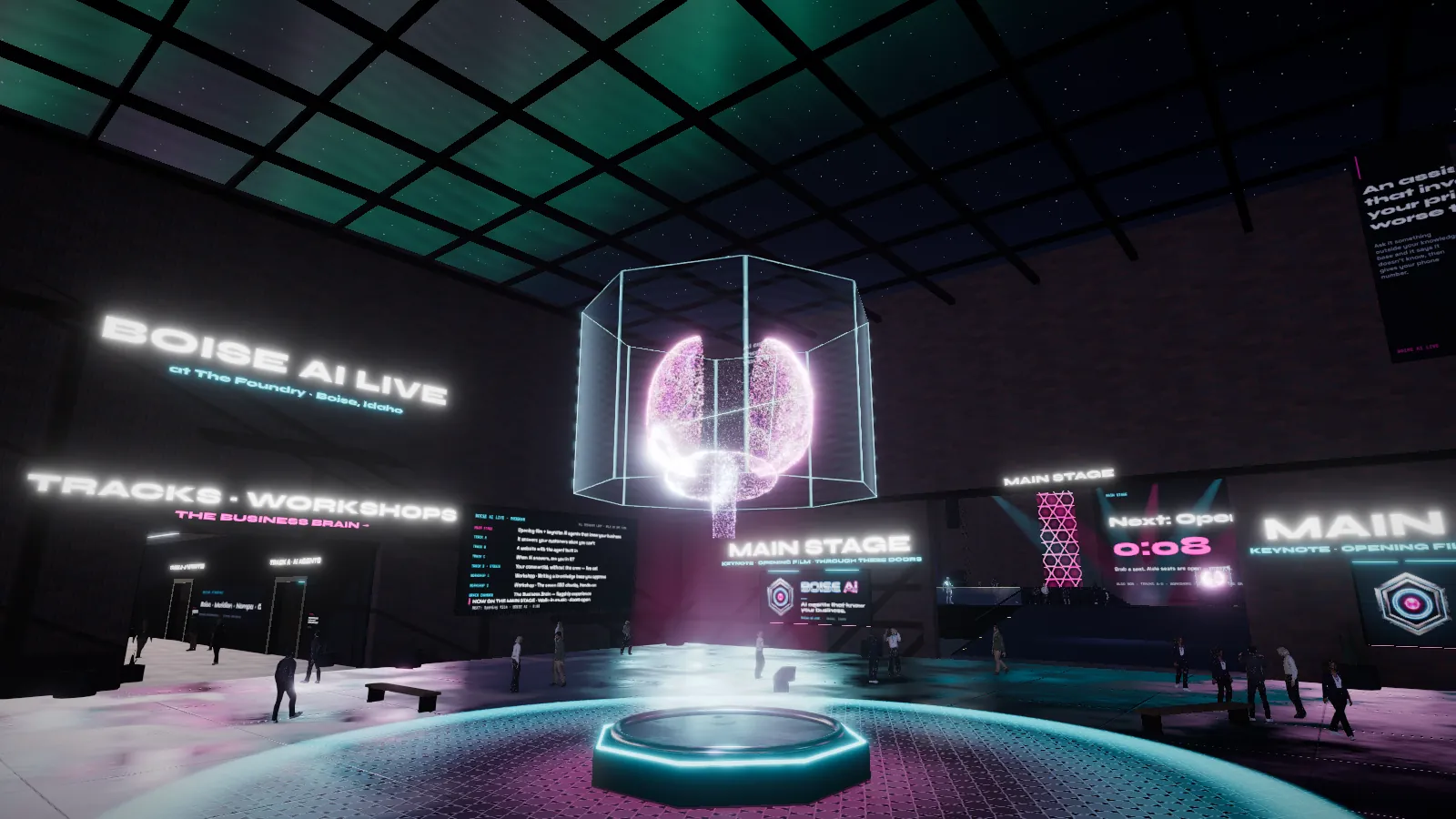 The Grand Atrium with a glowing brain hologram in a glass case and signs for the Main Stage and the tracks
