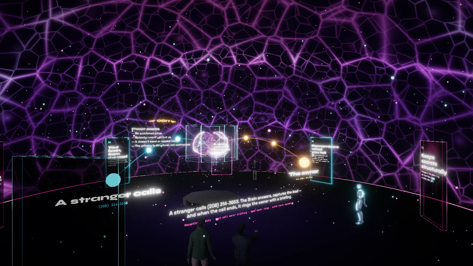The Business Brain chamber, a violet dome of light with story panels around the floor