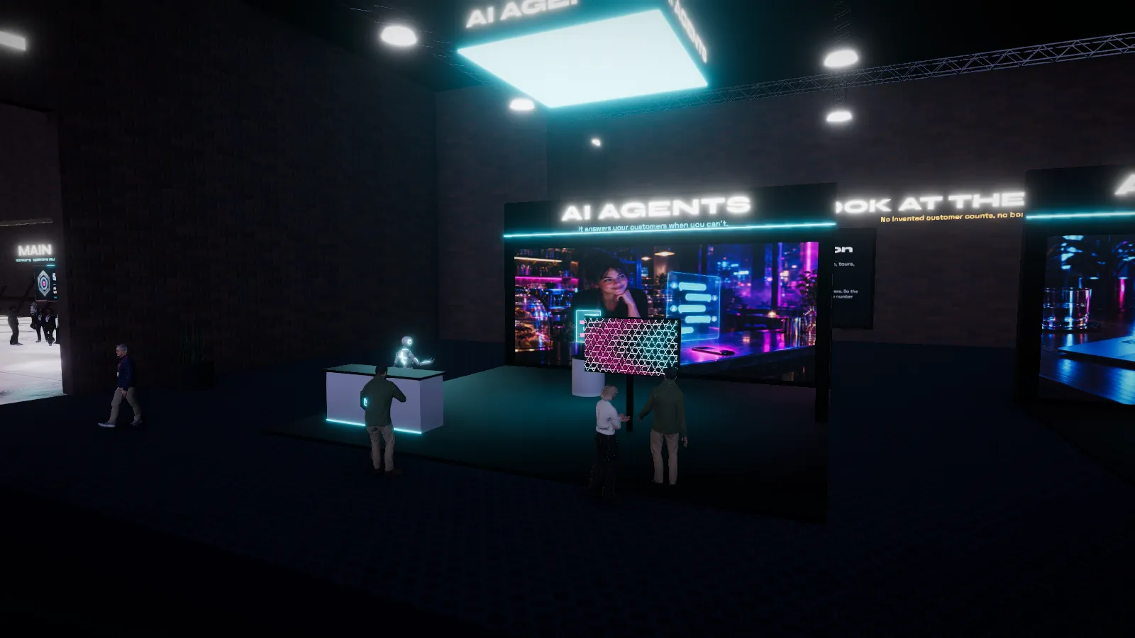 The Expo Hall: an AI Agents booth with a screen and visitors standing at the counter