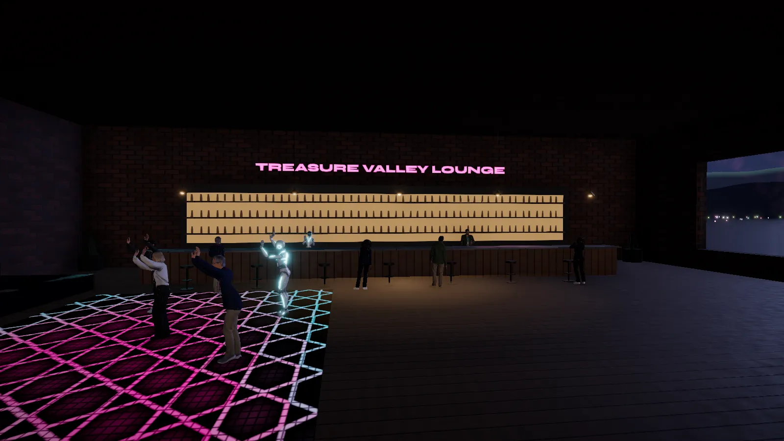 The Treasure Valley Lounge with a glowing dance floor and a long bar