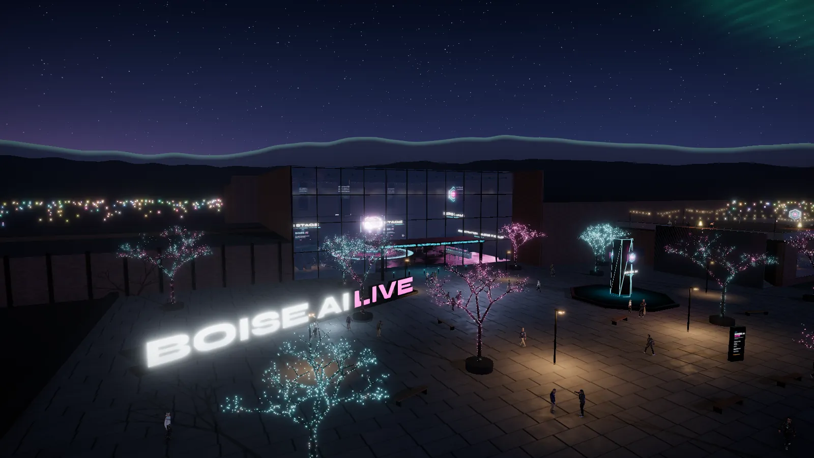 The Arrival Plaza at night: glowing BOISE AI LIVE letters, neon trees, and the glass hall under a starry sky